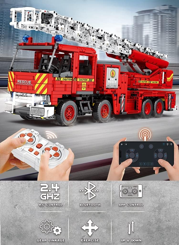 Technik Feuerwehrauto Ferngesteuert, 3266-tlg groß MOC Klemmbausteine Feuerwehrauto Leiterwagen Set, Mit Power Functions Set