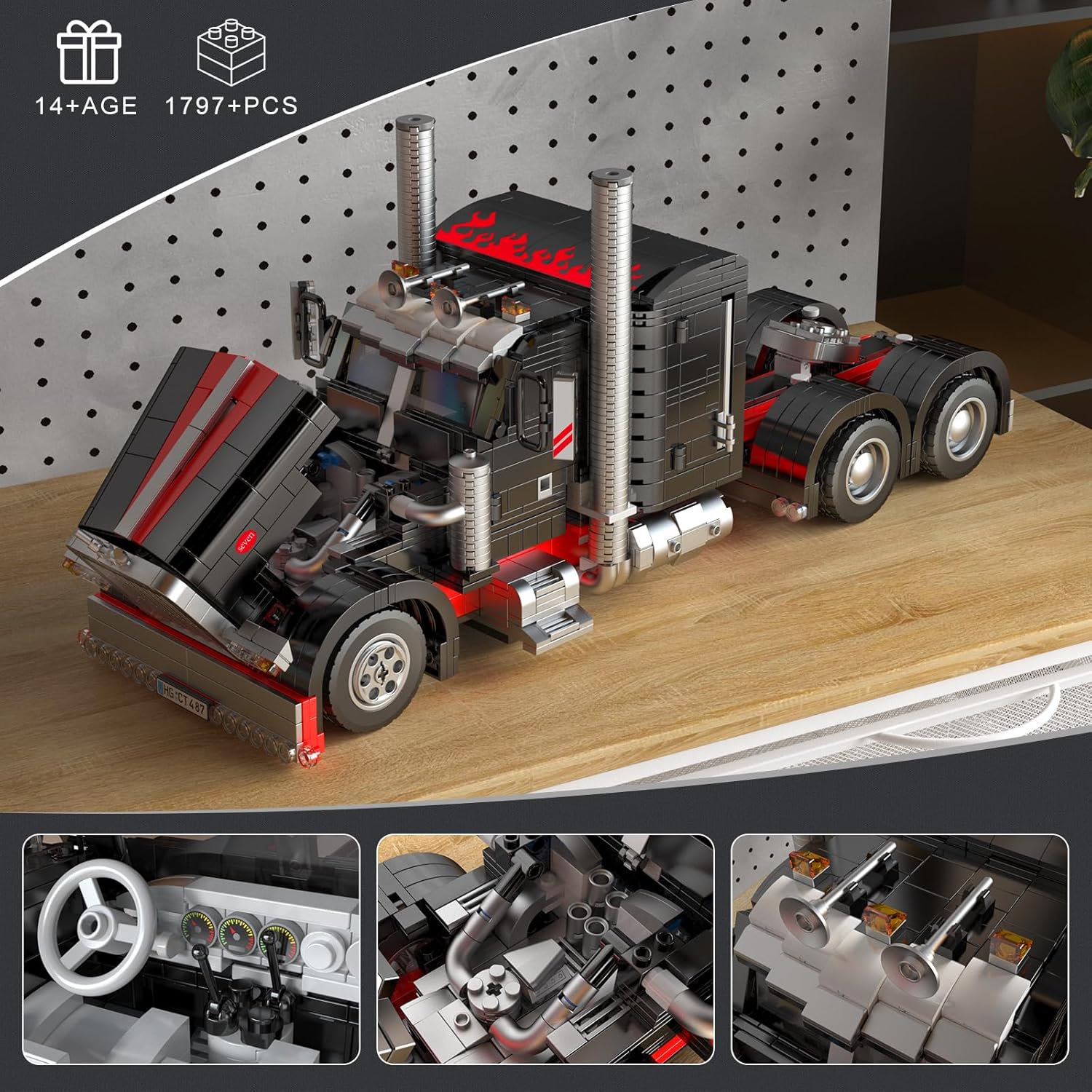 Mould King 10037 Technik US-Truck 'Das Schwarze Monster Car Modell, Kreativität Technologie Sportwagen Auto Modellauto Bausatz,Designer Firas Munir Abu-Jaber Ausstellungsstück für Sammler (1797 pcs)