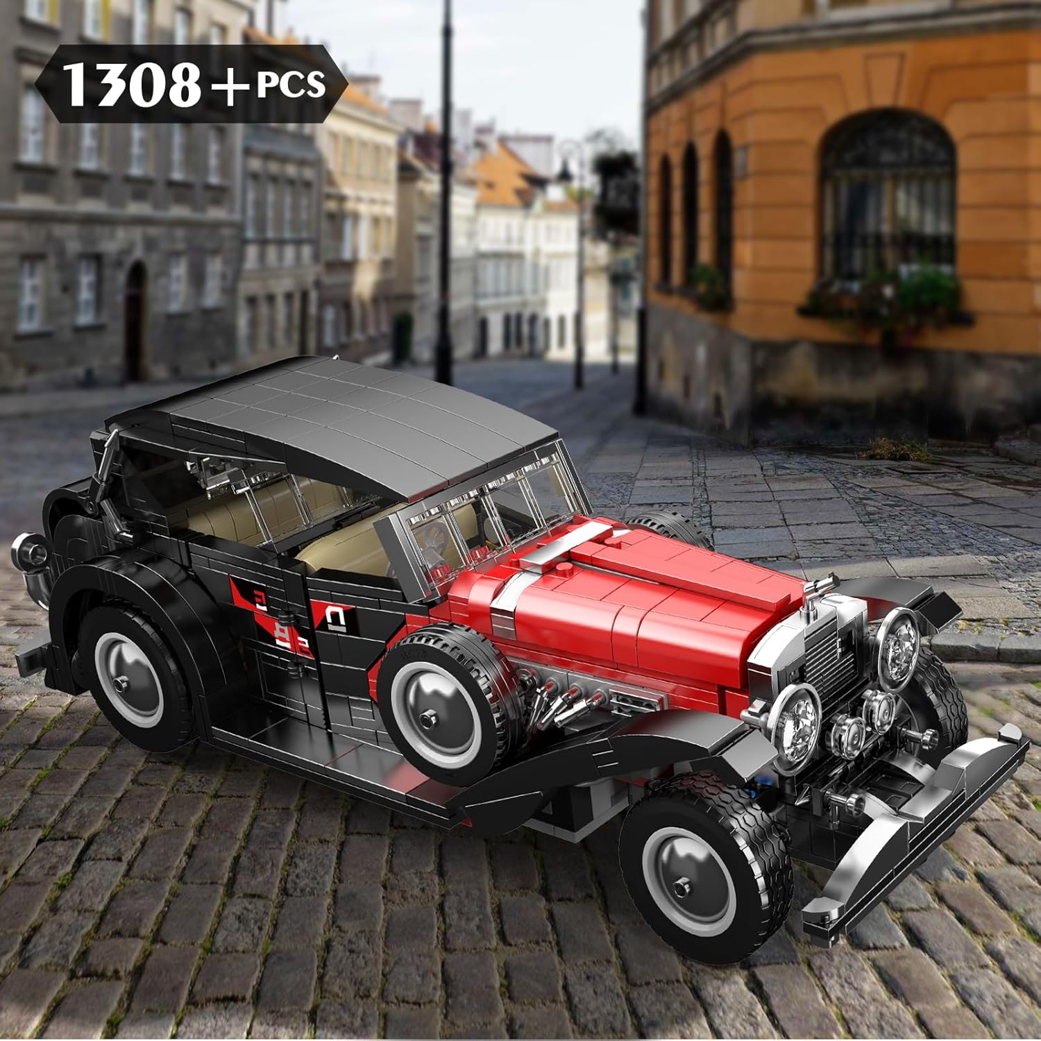 Mould King 10114 MOC Technik Oldtimer Auto Modell Bauklötze Bausatz, Cabrio Klemm Baukasten, Sportwagen Modell Klemmbausteine Set für Kinder/Erwachsene Sammler (1308+ Stücke)