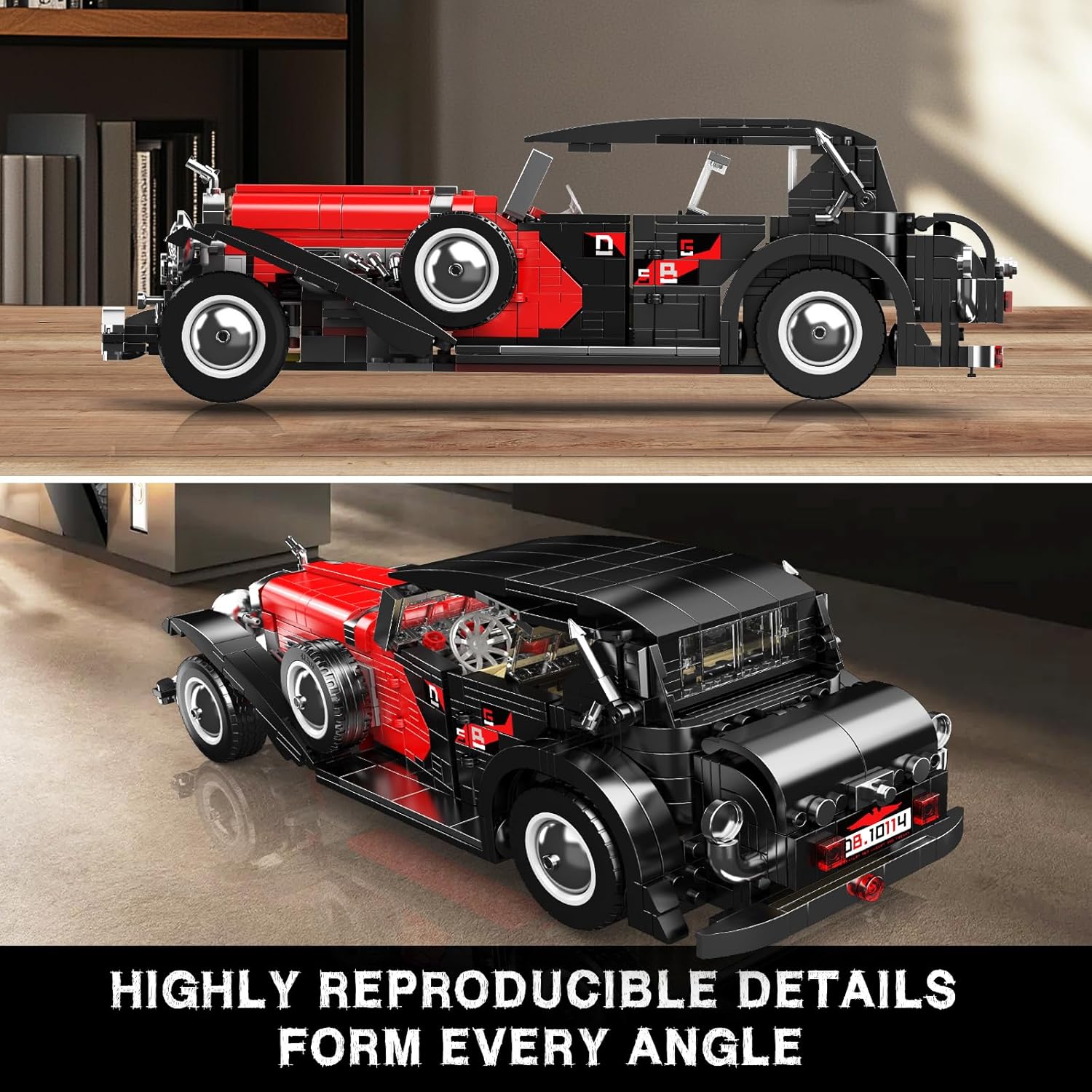 Mould King 10114 MOC Technik Oldtimer Auto Modell Bauklötze Bausatz, Cabrio Klemm Baukasten, Sportwagen Modell Klemmbausteine Set für Kinder/Erwachsene Sammler (1308+ Stücke)