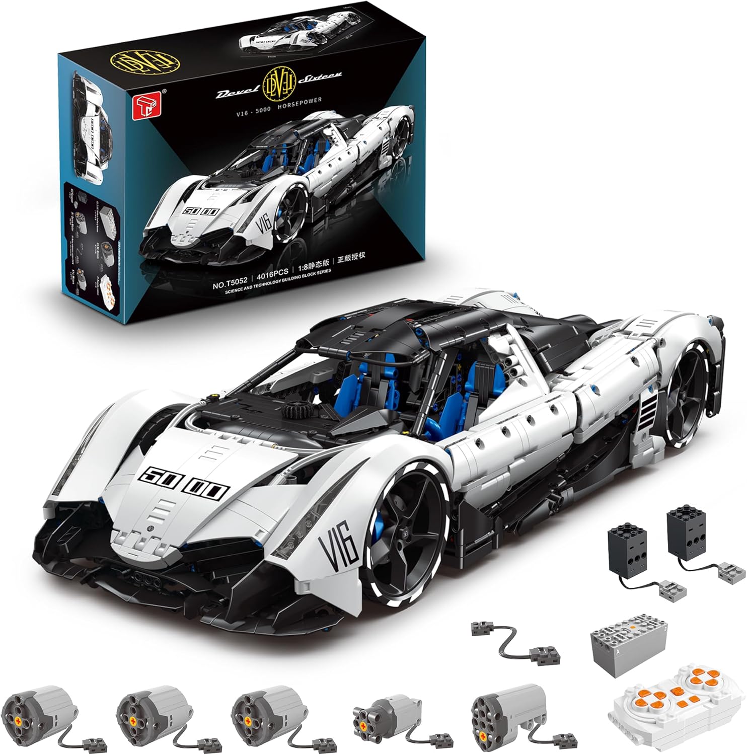 TGL-T5052 Technik Sportwagen Bausatz für Devel Sixteen, 4016 Teile 1:8 mit 5 Motoren Groß Ferngesteuert Auto Klemmbausteine(Originalverpackung) (Dynamische Version)