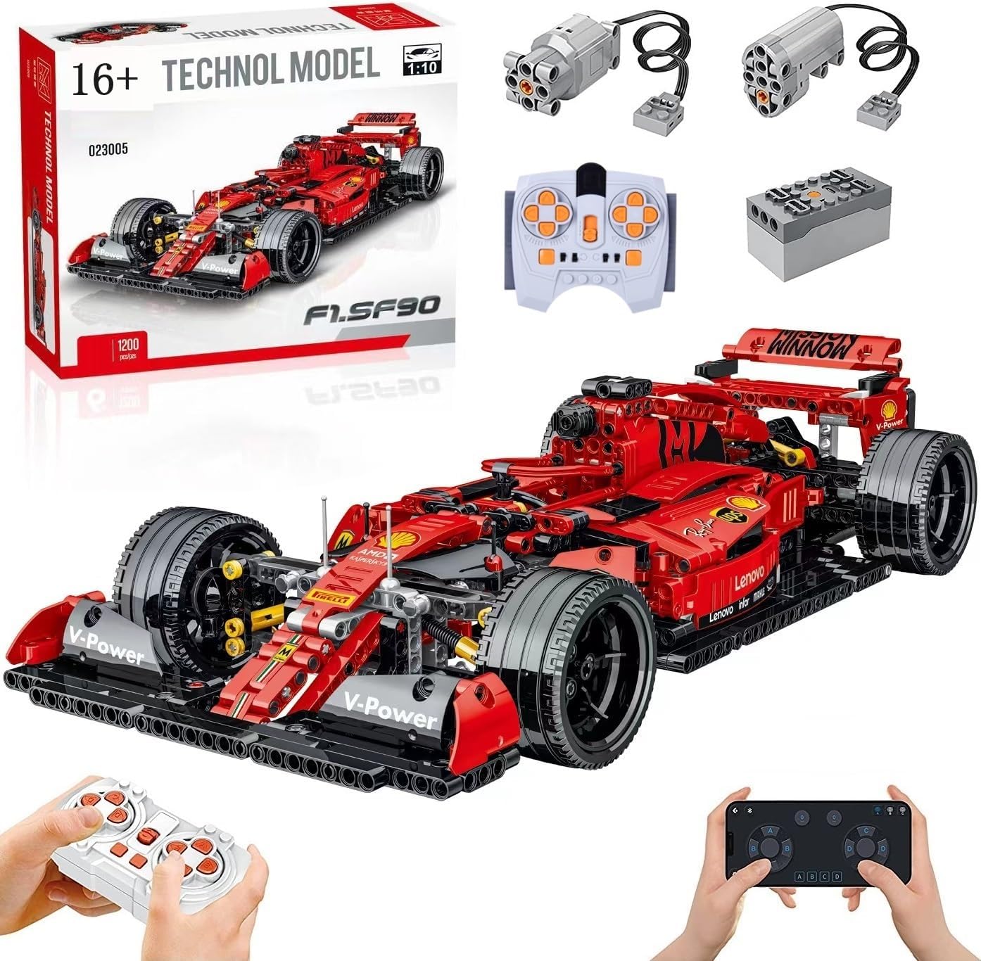 Technik F1 Auto für Ferrari F1 SF90, Mit Motoren Set, 1:10 Groß Formel 1 Auto Modellbausatz, 1200 Teile MOC Klemmbausteine Auto Bausatz, Kompatibel mit Ferrari SF90 F1 Technik