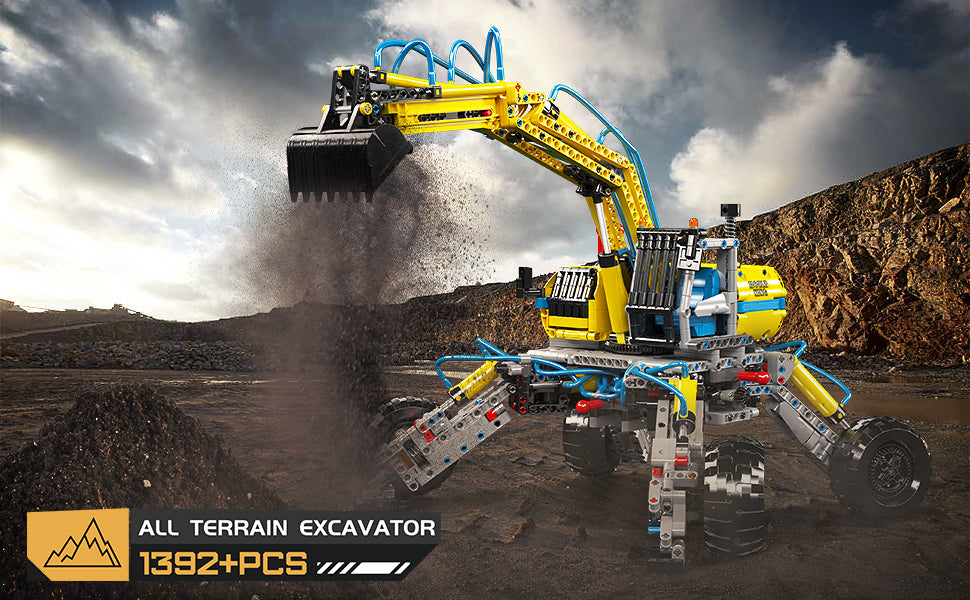 Technik Geländebagger Bauset, MOC Bagger 1392+Teile Technik Baumaschine Klemmbausteine Bausatz