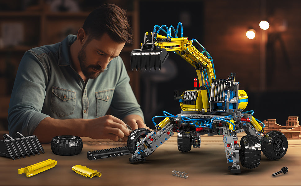 Technik Geländebagger Bauset, MOC Bagger 1392+Teile Technik Baumaschine Klemmbausteine Bausatz