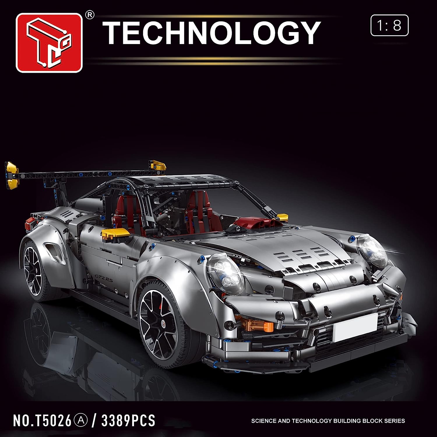 Technik 911 GT2-RS Sportwagen Auto Bausatz, TGL-T5026, 3389 Teile mit 5 Motoren Groß Ferngesteuert Technik Auto Klemmbausteine (Originalverpackung)