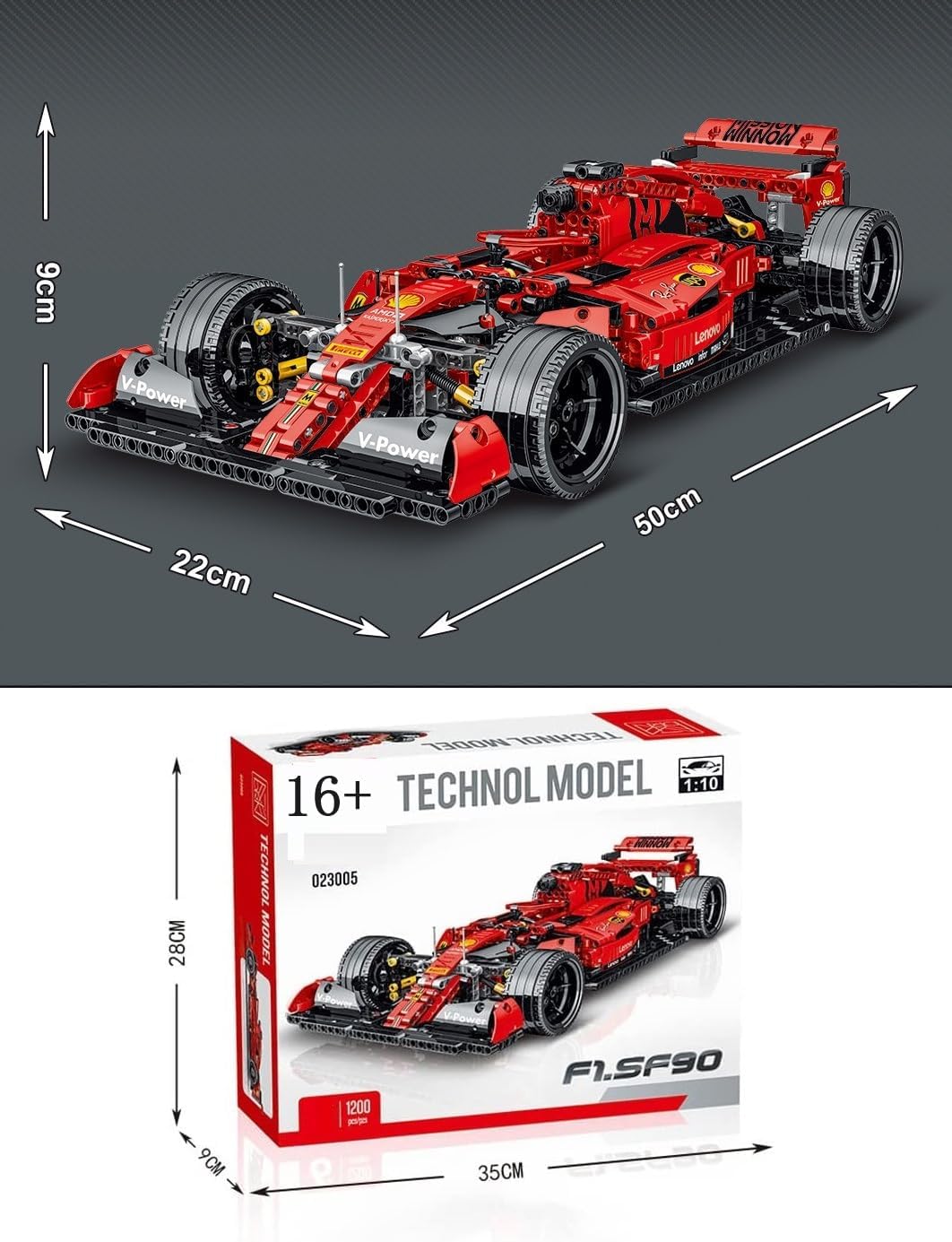 Technik F1 Auto für Ferrari F1 SF90, Mit Motoren Set, 1:10 Groß Formel 1 Auto Modellbausatz, 1200 Teile MOC Klemmbausteine Auto Bausatz, Kompatibel mit Ferrari SF90 F1 Technik