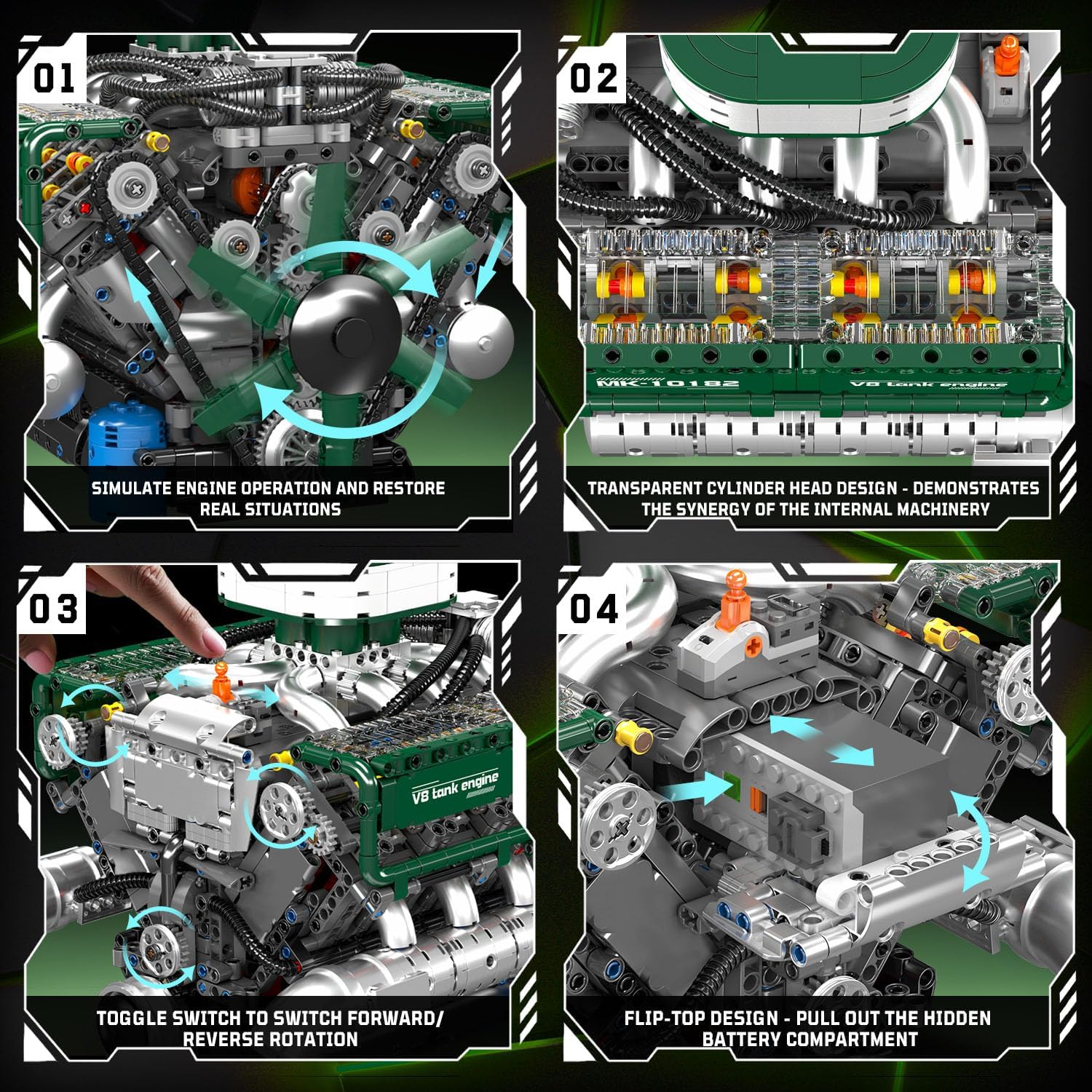 Technik V8 Motor Klemmbausteine Bausatz 10182 Kit, 2250 Stück Twin-Turbo Engine Bausteine Spielzeug Modell, Klemmbausteine Funktionsmodell für Engine Fans Sammlerstücke