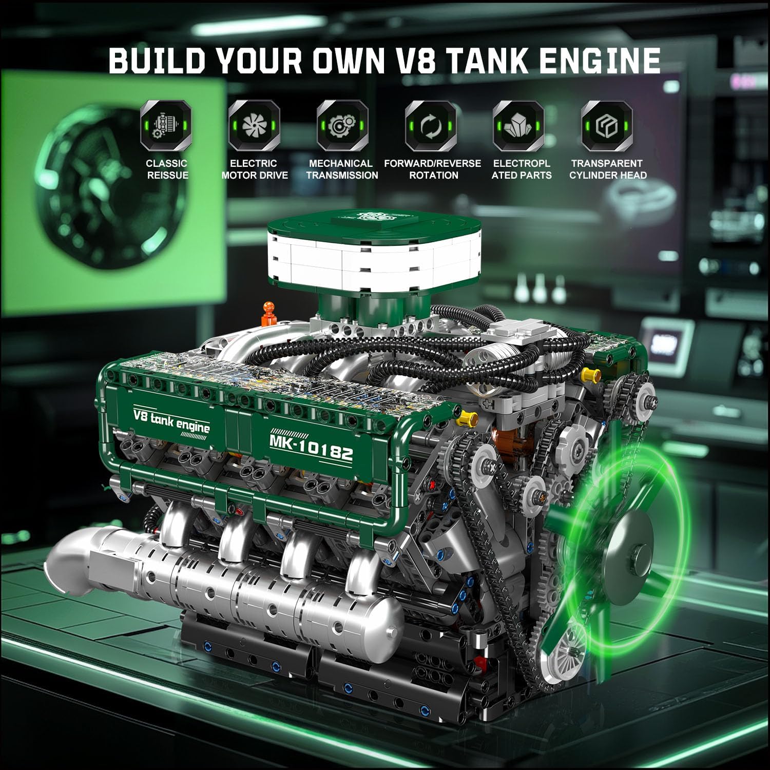Technik V8 Motor Klemmbausteine Bausatz 10182 Kit, 2250 Stück Twin-Turbo Engine Bausteine Spielzeug Modell, Klemmbausteine Funktionsmodell für Engine Fans Sammlerstücke