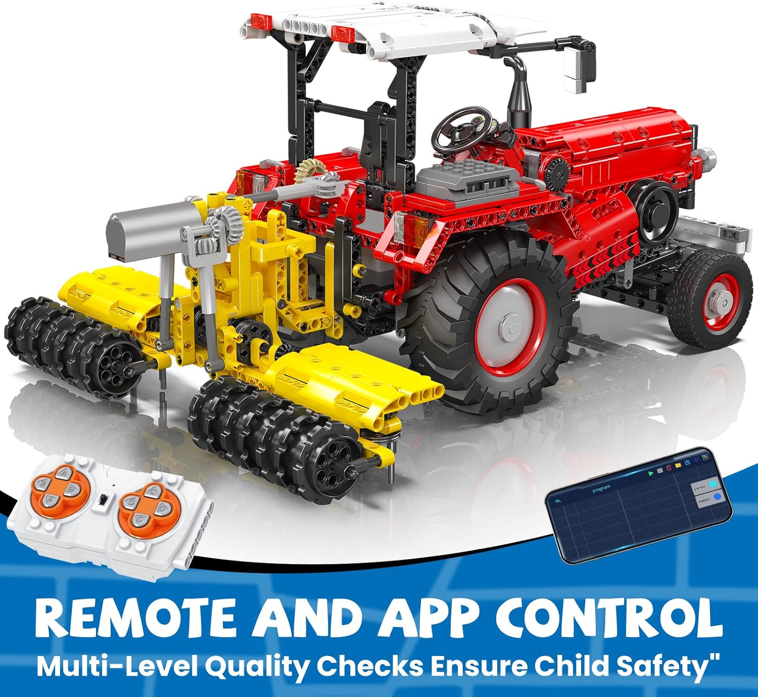 Technik Traktor 3 in 1 Ferngesteuerter Traktor Rot Harvester Klemmbausteine Mähdrescher Trecker Bausteine Spielzeug mit 6 Motoren für Jungen und Erwachsene