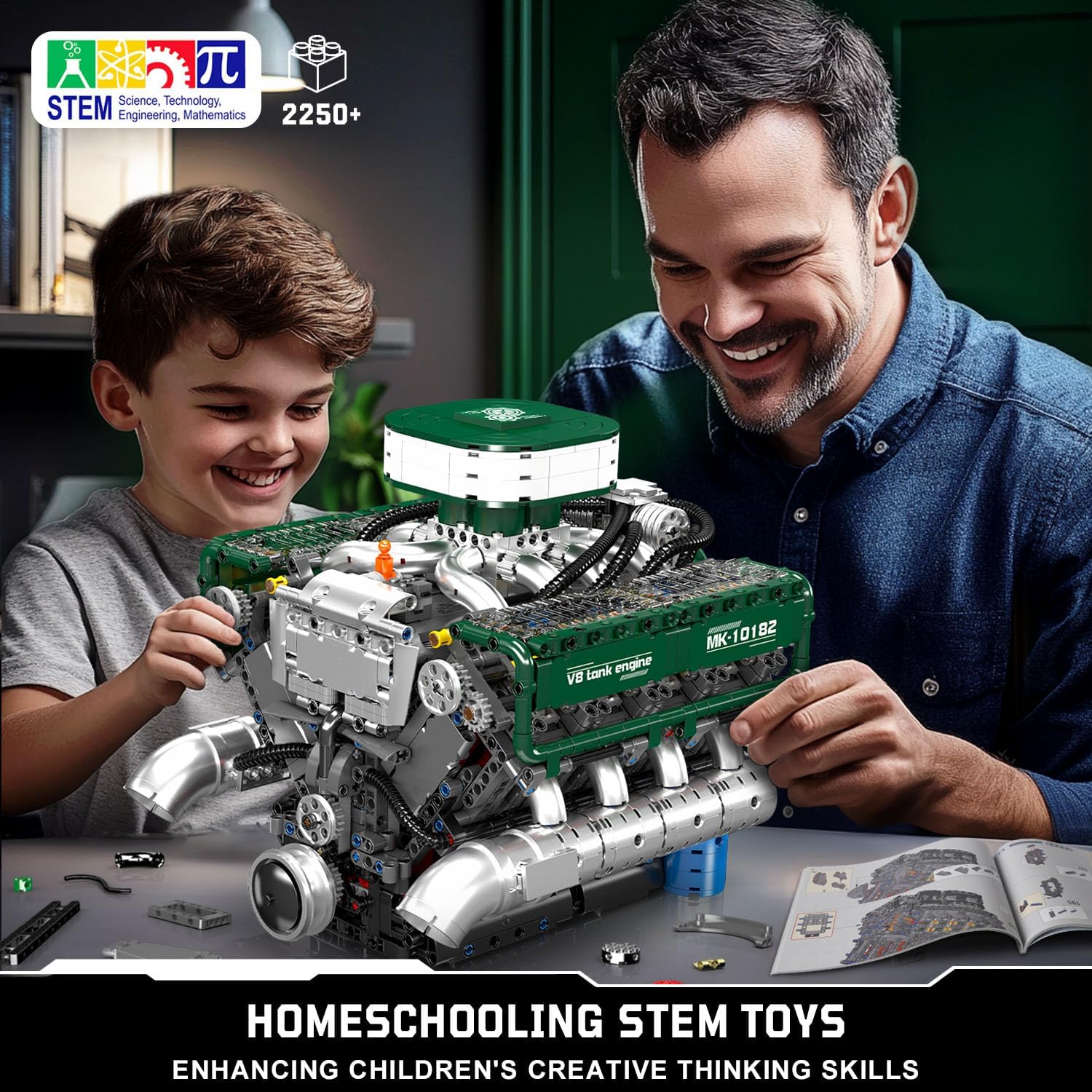 Technik V8 Motor Klemmbausteine Bausatz 10182 Kit, 2250 Stück Twin-Turbo Engine Bausteine Spielzeug Modell, Klemmbausteine Funktionsmodell für Engine Fans Sammlerstücke