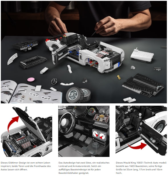 Technik Auto Rolls-Royce Phantom Modellbau,Der Weiß Oldtimer Baustein (1603 Teile),Montage Technologie Sport-Rennwagen Klemmbaustein,Sammelbare Autospielzeuge für Kinder/Erwachsene 8+
