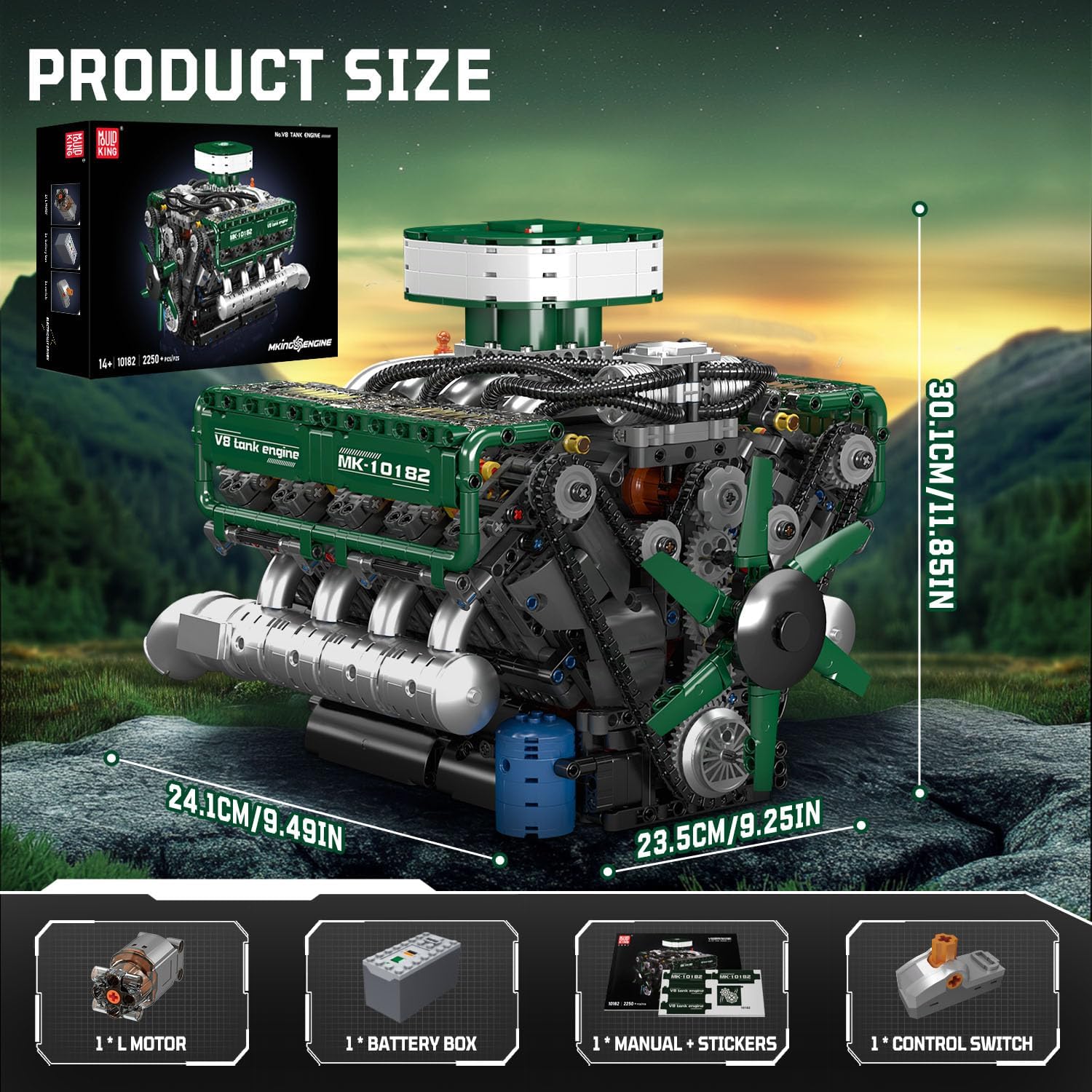 Technik V8 Motor Klemmbausteine Bausatz 10182 Kit, 2250 Stück Twin-Turbo Engine Bausteine Spielzeug Modell, Klemmbausteine Funktionsmodell für Engine Fans Sammlerstücke