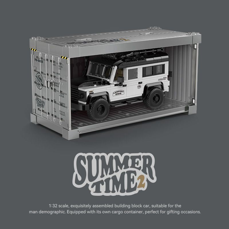Technik Auto für Retro Land Rover Defender, MOC Retro-Geländewagen, Mit Cargo Container KIemmbausteine Technik Outdoor Auto PB-8825