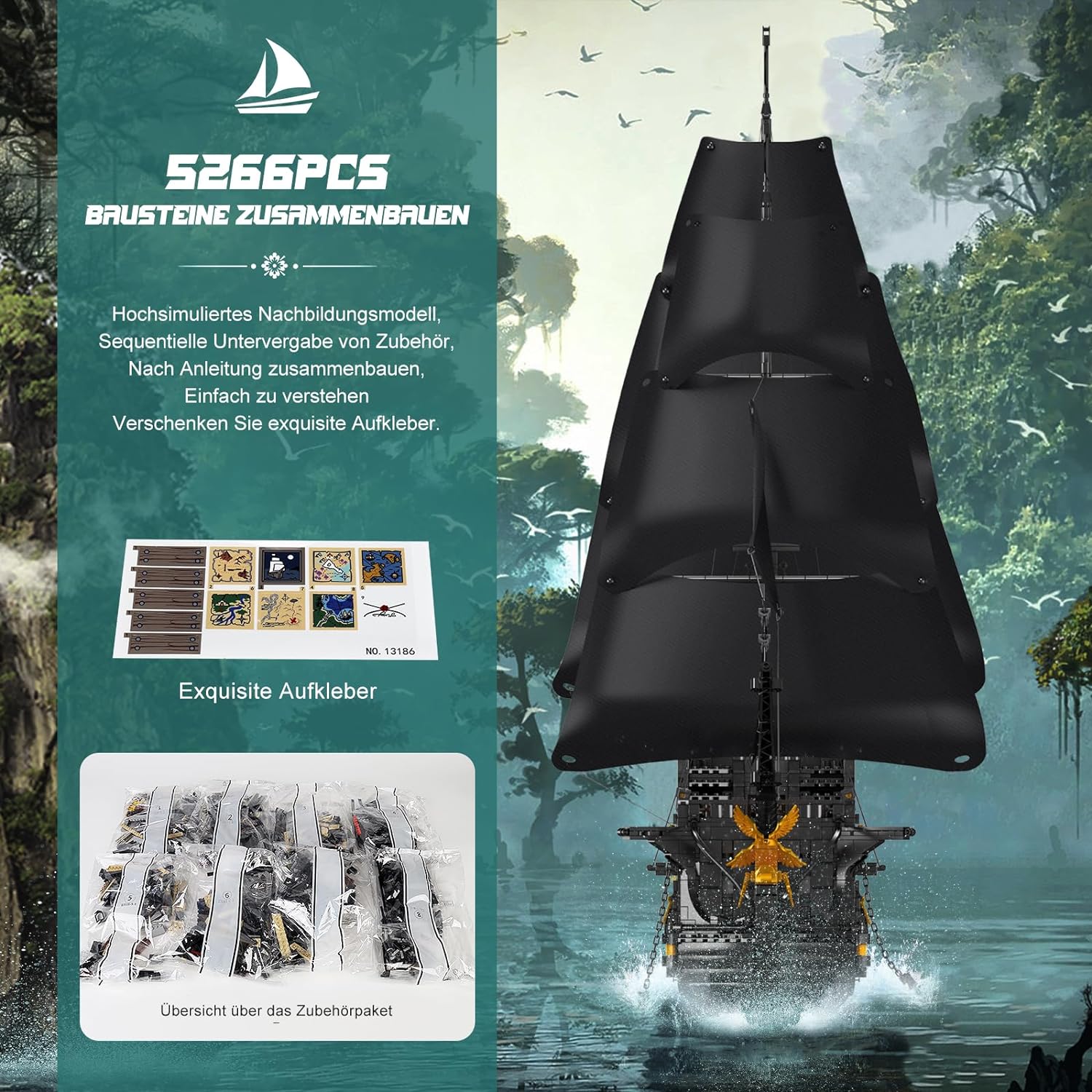 Black Pearl Piratenschiff Klemmbausteine Bausatz, 5266 Teile Große Segelschiff Bausteine Spielzeug für Lego Piratenschiff