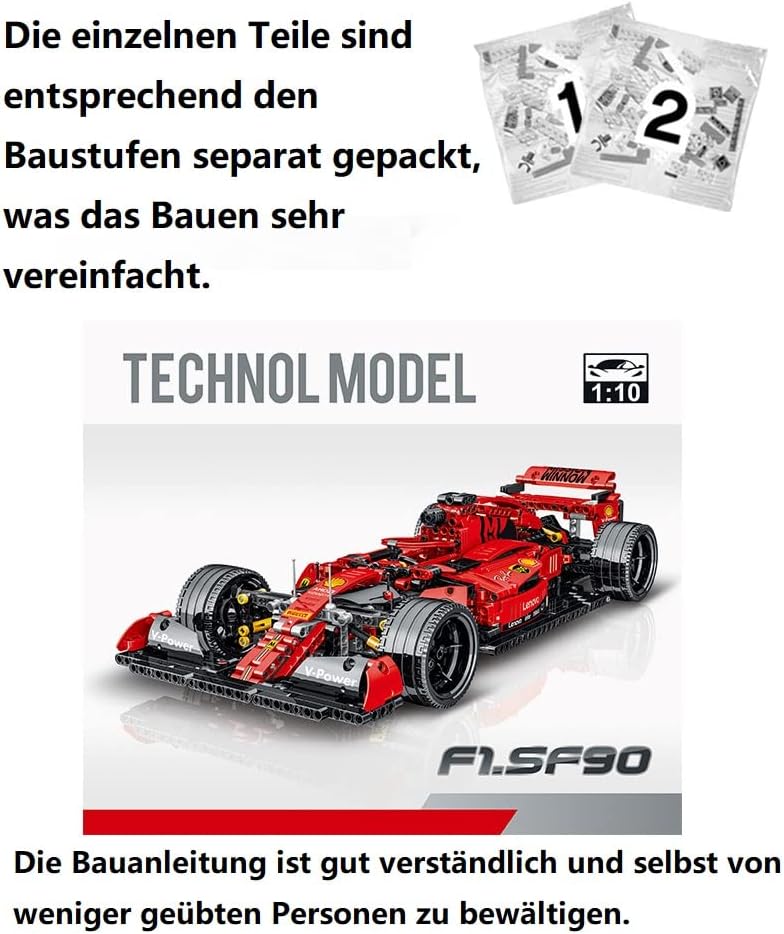 Technik F1 Auto für Ferrari F1 SF90, Mit Motoren Set, 1:10 Groß Formel 1 Auto Modellbausatz, 1200 Teile MOC Klemmbausteine Auto Bausatz, Kompatibel mit Ferrari SF90 F1 Technik