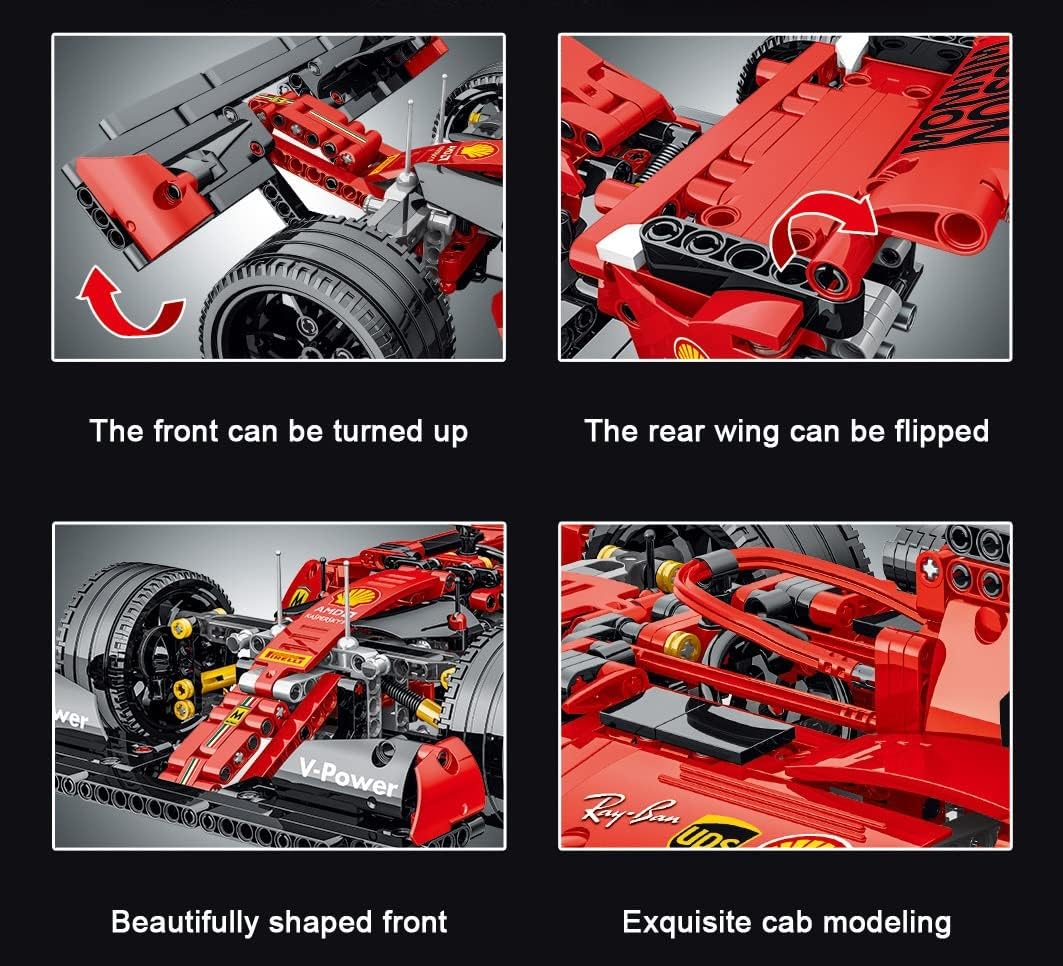 Technik F1 Auto für Ferrari F1 SF90, Mit Motoren Set, 1:10 Groß Formel 1 Auto Modellbausatz, 1200 Teile MOC Klemmbausteine Auto Bausatz, Kompatibel mit Ferrari SF90 F1 Technik