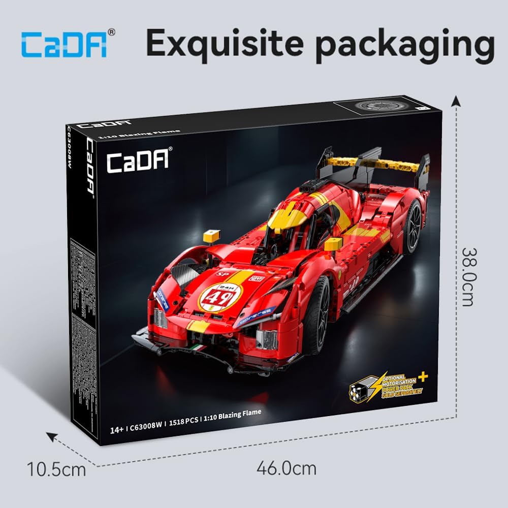 CaDA C63008W Rennwagen Klemmbausteine Technik, 1/10 Super Sportwagen Bausteinspielzeug, 1518 Teile Autospielzeug Geschenke für Erwachsene und Auto Fans