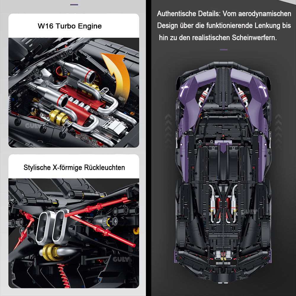 Technik Auto 1: 8 für Bugatti Bolide Supersportwagen, Groß Auto mit 6 Motoren Set, Technik Auto ModeII Bausatz, 3332 TeiIe MOC Superauto ModeII, für Bugatti Technik Auto