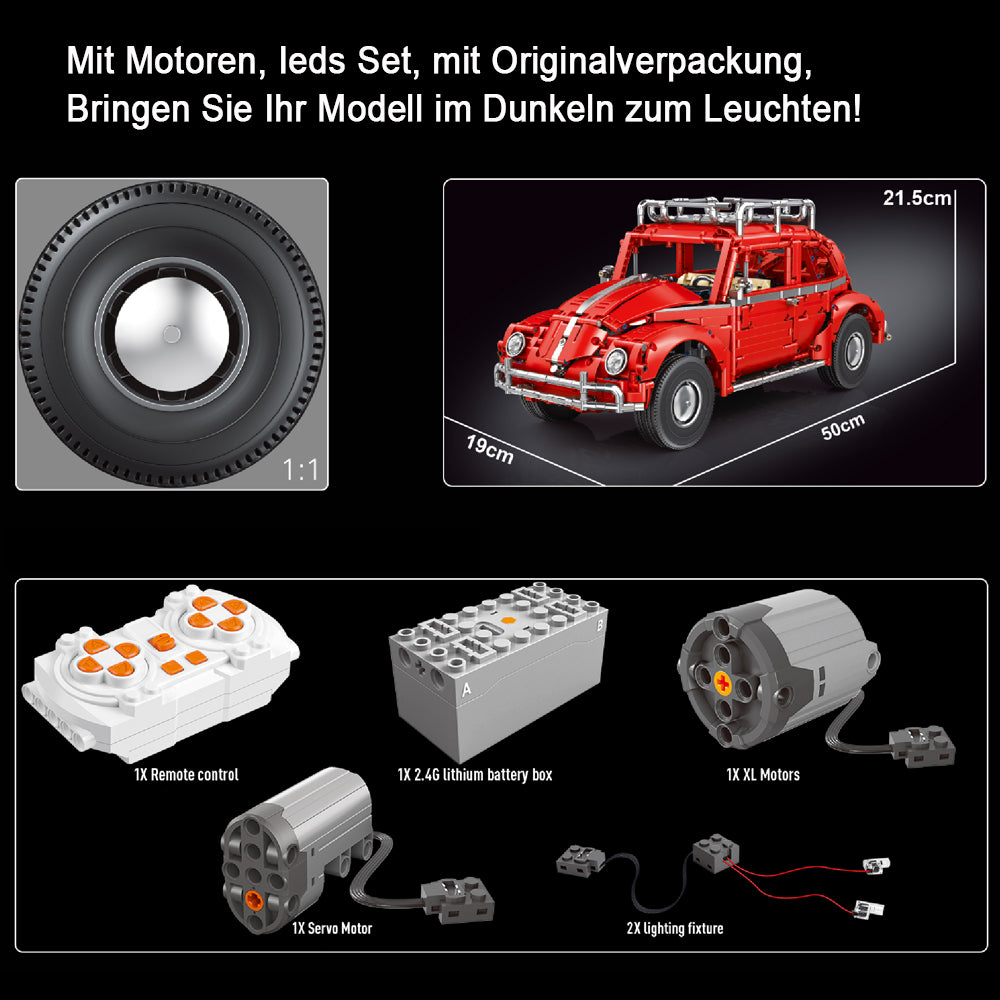 Technik Auto für Volkswagen Käfer, MOC VW-Käfer Retro Auto Technik Auto Bausatz mit M0T0R, 1:10 KIemmbausteine für Kinder und Erwachsene