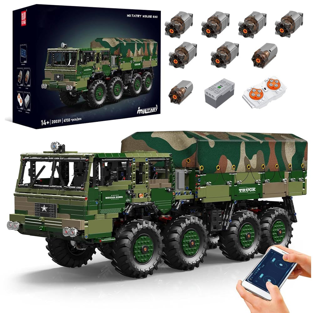 Mould King 20039 Militär LKW MOC Technik Groß T813 Schwerer militärischer Geländelastwagen ferngesteuert Transportfahrzeug 8×8 Geländewagen Klemmbausteine Bausatz Technologie APP Bausatz Modell 4733+Teile