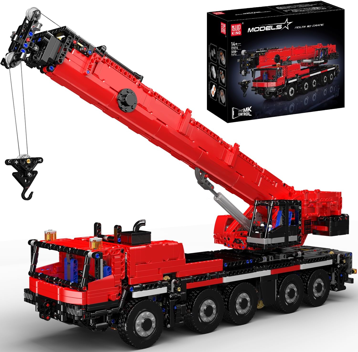 Mould King 17074 Technik Abschleppwagen Kran Klemmbausteine, 3218 Teile LKW Bausteine Modell, Fernbedienung Wrecker-Montagesatz Pneumatik Kranwagen für Erwachsene und Jugendliche (Rot)