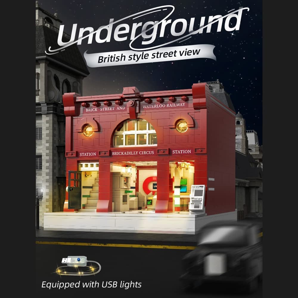 Modular Londoner U-Bahnstation mit Retro Sportwagen, 3200+ Teile Technik Auto Technik U-Bahnstation mit LEDs Modell Bausatz Kompatibel mit Lego Modular