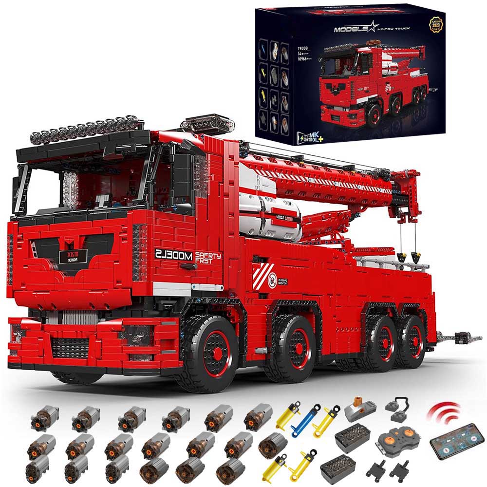 Technik Kranwagen Rot Technik Kran XXL, Technik LKW Mit Kran, Groß Kranwagen mit 19 Motoren Bausatz, 10000+ TeiIe MOC Kranwagen ModeII, Kompatibel mit Iego Technik Kran