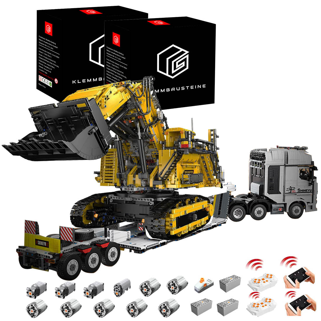 Technik LKW mit Tieflader, 9200+ Teile Technik LKW mit Anhänger und Bagger mit 11 M0T0R Bausatz, Technik Truck Bausatz MOC KIemmbausteine Set für Kinder Erwachsene