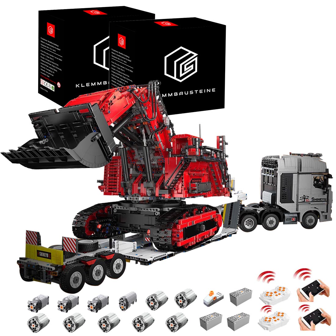 Technik LKW mit Tieflader, 9200+ Teile Technik LKW mit Anhänger und Bagger mit 11 M0T0R Bausatz, Technik Truck Bausatz MOC KIemmbausteine Set für Kinder Erwachsene