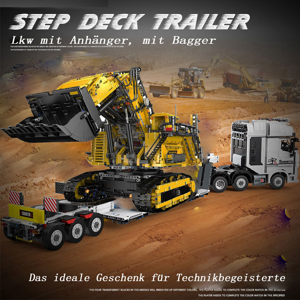 Technik LKW mit Tieflader, 9200+ Teile Technik LKW mit Anhänger und Bagger mit 11 M0T0R Bausatz, Technik Truck Bausatz MOC KIemmbausteine Set für Kinder Erwachsene