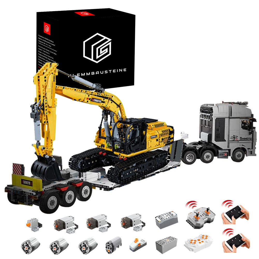 Technik LKW mit Technik Bagger Technik Anhänger, 8894 Teile Technik Truck mit Anhänger, Bagger Modellbau mit 11 Motoren Bauset Kompatibel mit Lego Technik LKW