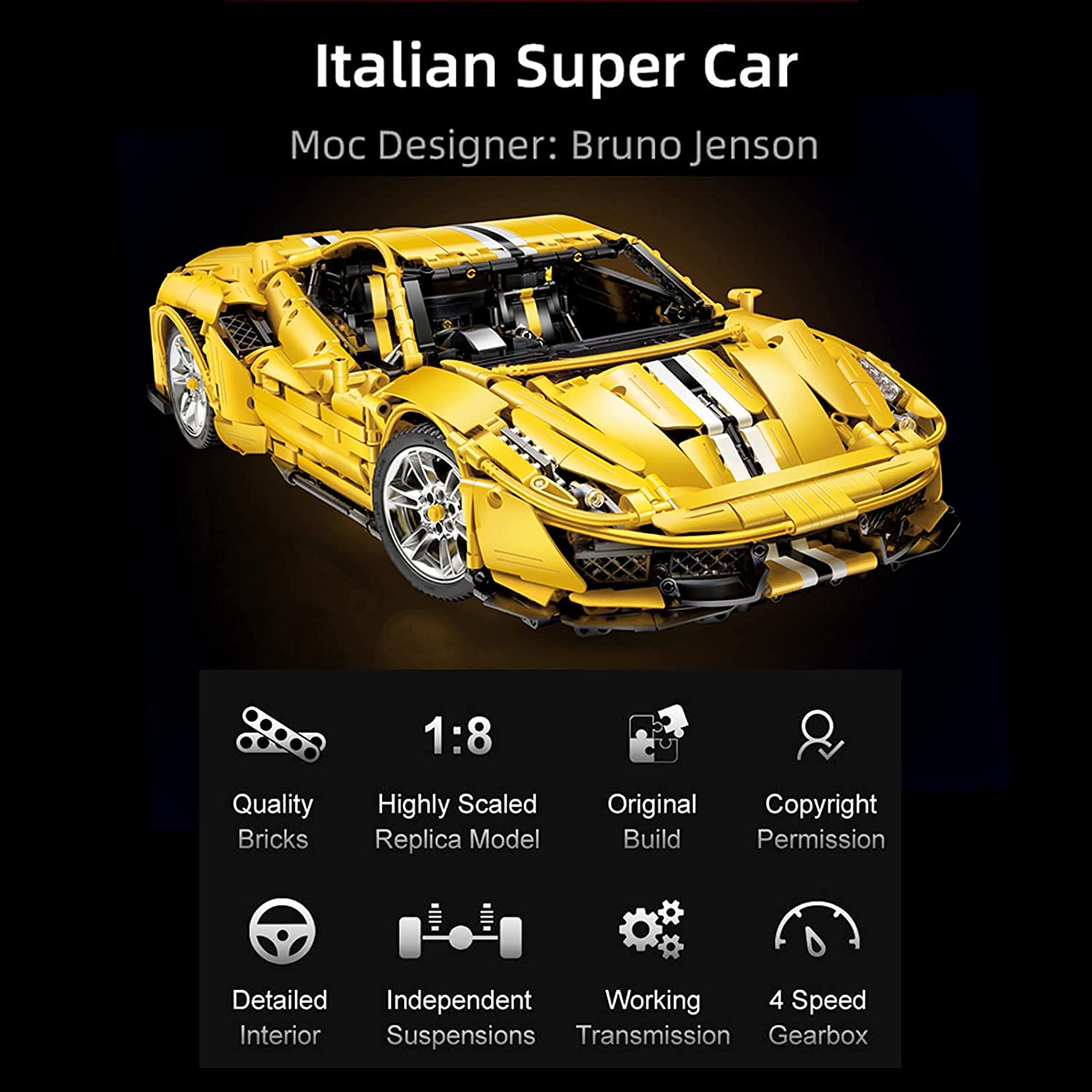 CADA Master C61057w Ferrari 488 Technic Bausteine, 3187 Teile 1: 8 Sportwagen Technik Ferngesteuertes Auto mit Motor und LED Beleuchtung Kompatibel mit Lego Technik (Kommt mit luxuriöser Originalverpackung)