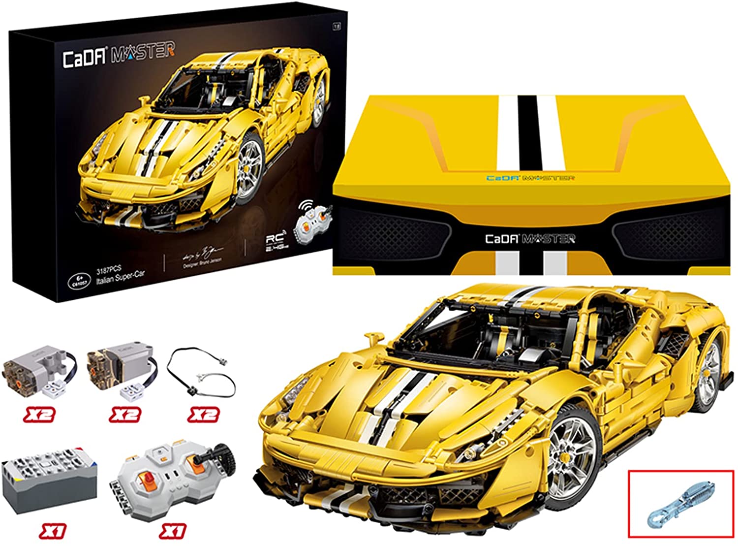 CADA Master C61057w Ferrari 488 Technic Bausteine, 3187 Teile 1: 8 Sportwagen Technik Ferngesteuertes Auto mit Motor und LED Beleuchtung Kompatibel mit Lego Technik (Kommt mit luxuriöser Originalverpackung)