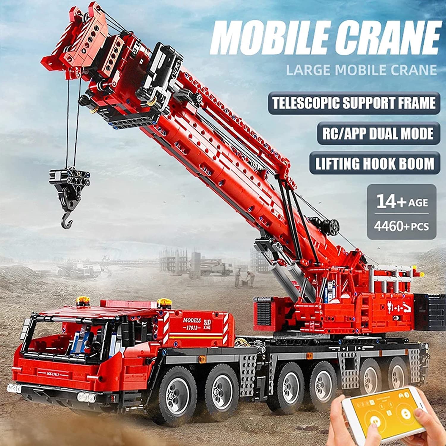 Technik LKW Kran Modell, 4460 Teile Technik Schwerlastkran Technic Ferngesteuert Kranwagen mit 5 Motor Moc Bauset Kompatibel mit Lego Technik