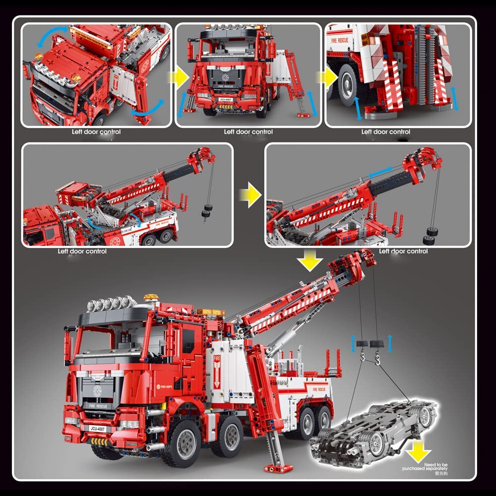 Technik LKW Feuerwehrauto Modell, 4883 Teile Technik Feuerwehr LKW mit Kran, 7 Motoren Bauset Kompatibel mit Lego Technik (Upgrade Version)