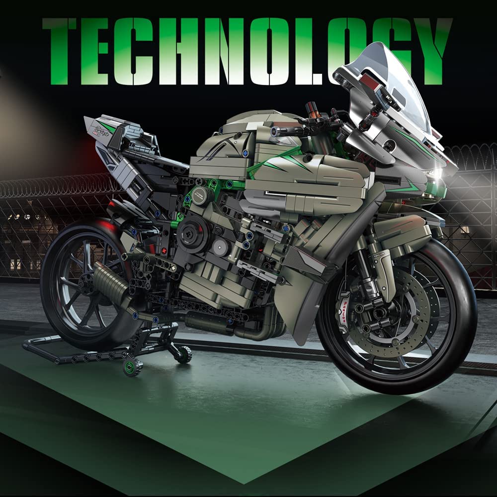 Technik Motorrad für Kawasaki H2R Modell, 1968 Teile Technik Supermotorrad Mit LED Beleuchtung Technic Motorrad Klemmbausteine kompatibel mit Lego Technik Motorrad, XL