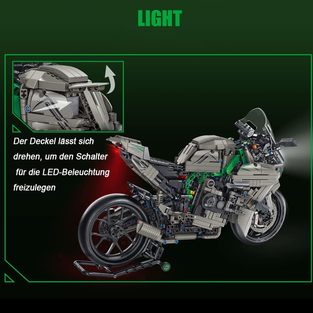 Technik Motorrad für Kawasaki H2R Modell, 1968 Teile Technik Supermotorrad Mit LED Beleuchtung Technic Motorrad Klemmbausteine kompatibel mit Lego Technik Motorrad, XL