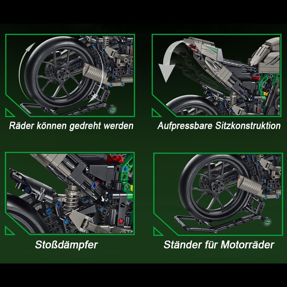 Technik Motorrad für Kawasaki H2R Modell, 1968 Teile Technik Supermotorrad Mit LED Beleuchtung Technic Motorrad Klemmbausteine kompatibel mit Lego Technik Motorrad, XL