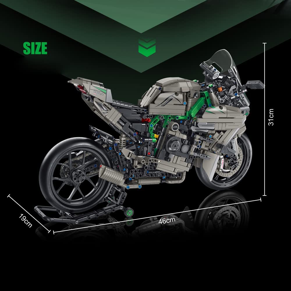 Technik Motorrad für Kawasaki H2R Modell, 1968 Teile Technik Supermotorrad Mit LED Beleuchtung Technic Motorrad Klemmbausteine kompatibel mit Lego Technik Motorrad, XL