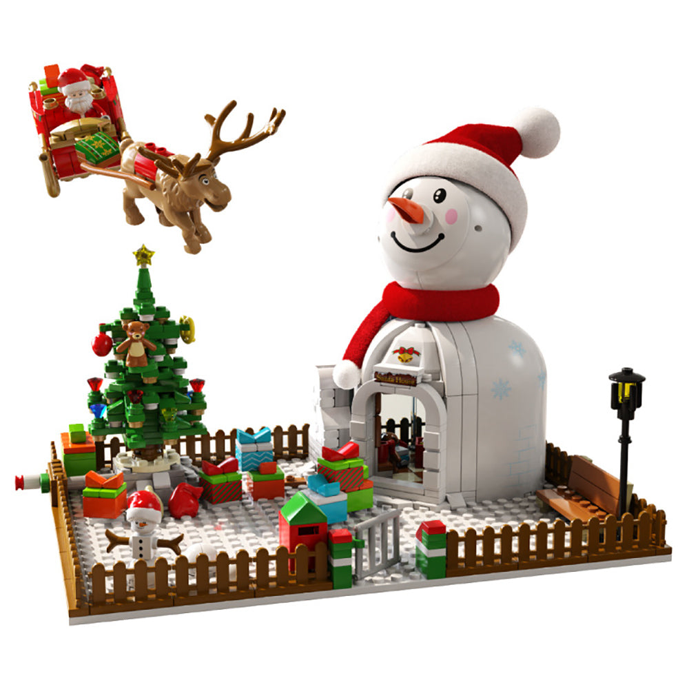 YOKES Creative Weihnachtshaus Weihnachten Schneemann Modell, 573 Teile Weihnachten 2021 Weihnachtsmann mit Schlitten LEDs Bausatz Kompatibel mit Lego Weihnachten