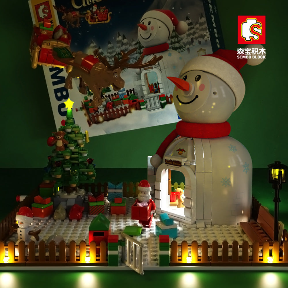 YOKES Creative Weihnachtshaus Weihnachten Schneemann Modell, 573 Teile Weihnachten 2021 Weihnachtsmann mit Schlitten LEDs Bausatz Kompatibel mit Lego Weihnachten