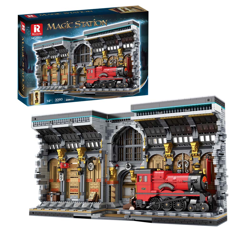 Reobrix 66031 Harry Potter Magic Station Modell, 3060 Teile Magischer Bahnhof mit Lokomotive, LEDs Modellbausatz Kompatibel mit Lego Harry Potter
