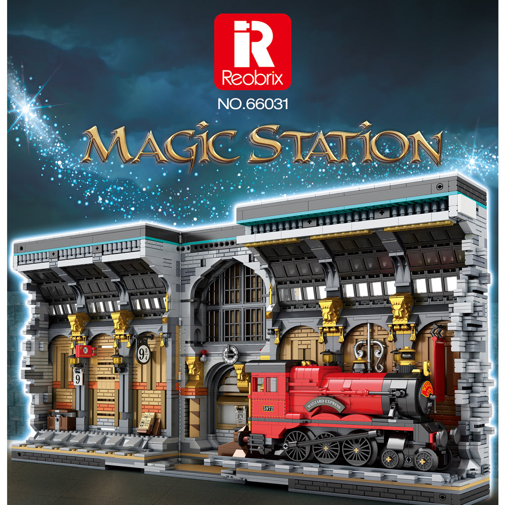 Reobrix 66031 Harry Potter Magic Station Modell, 3060 Teile Magischer Bahnhof mit Lokomotive, LEDs Modellbausatz Kompatibel mit Lego Harry Potter