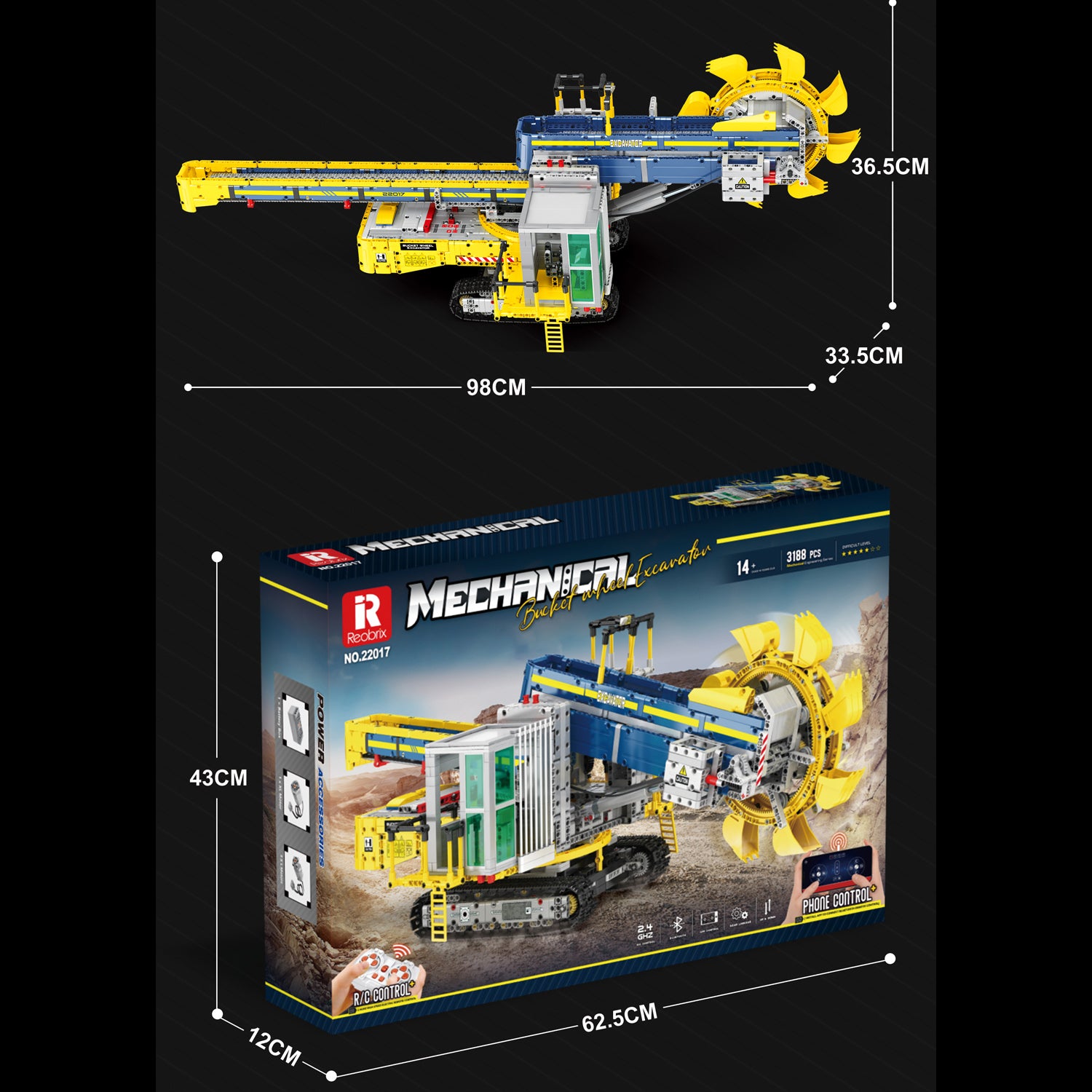 Technik Bagger Ferngesteuert 22017, Technik Bagger Mit Schaufelrad ferngesteuert Bagger Modell, 3188 Teile Technik Bagger Modell Kompatibel mit Lego Technik Bagger