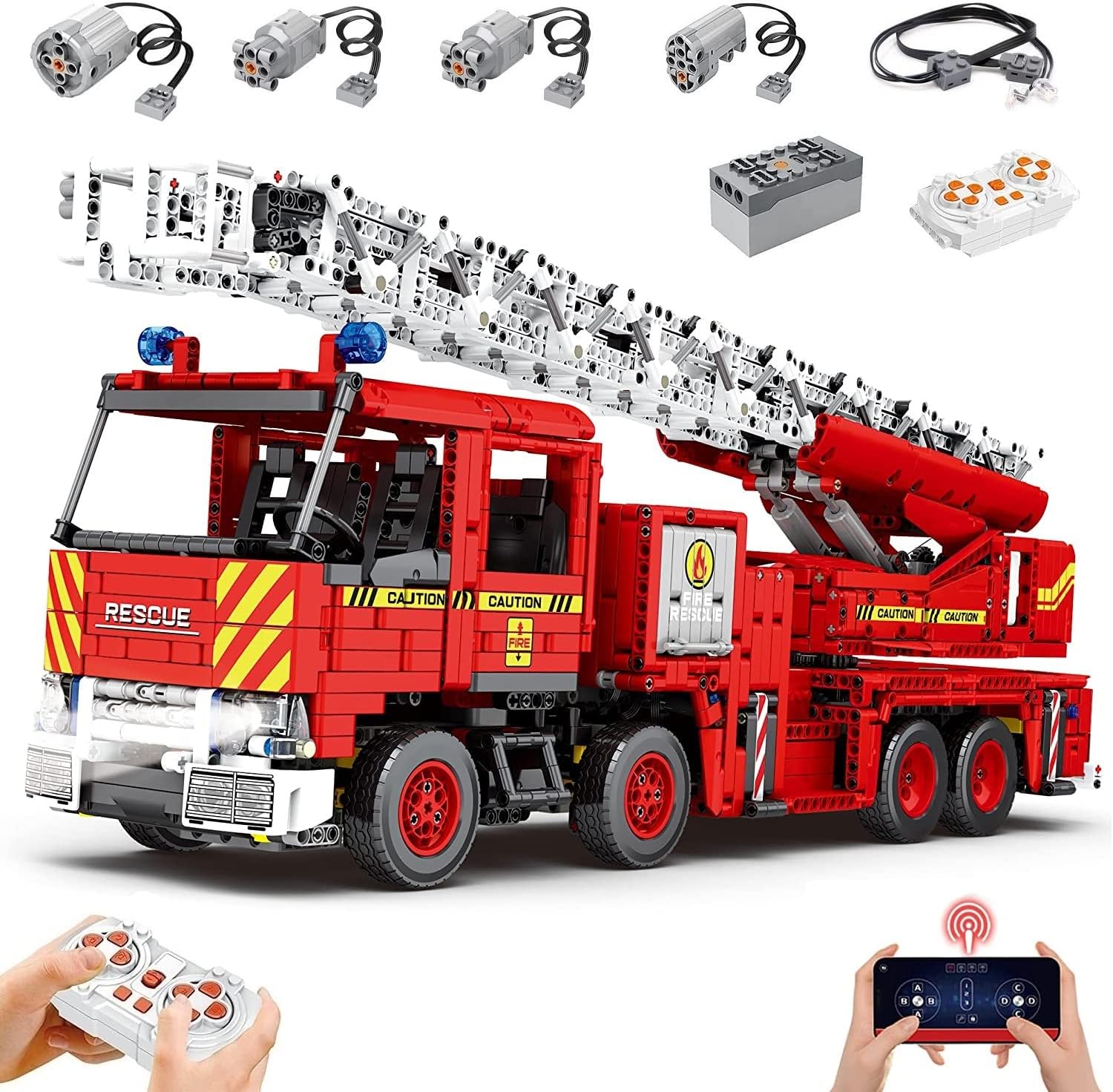 Technik Feuerwehrauto Ferngesteuert, 3266-tlg groß MOC Klemmbausteine Feuerwehrauto Leiterwagen Set, Mit Power Functions Set