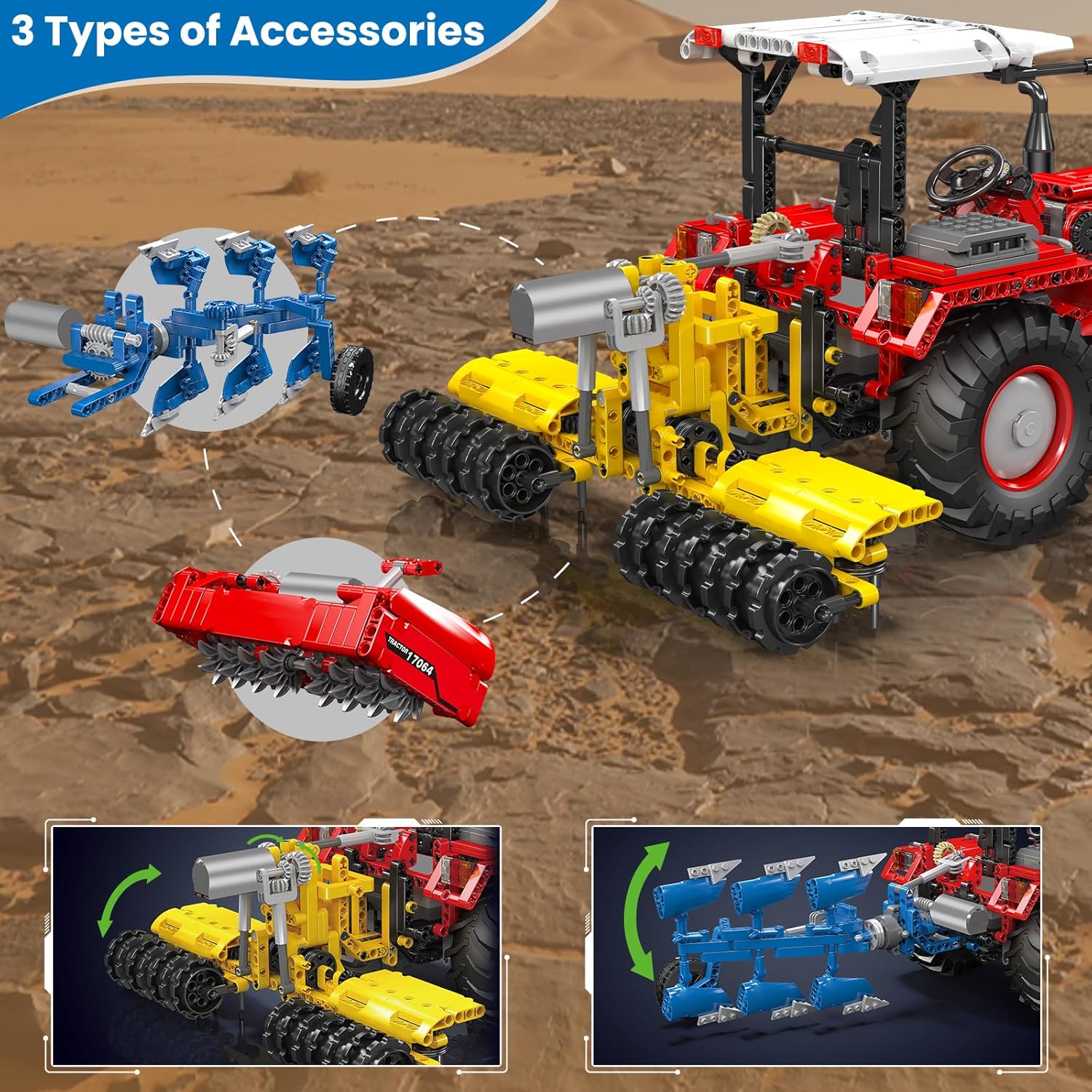 Technik Traktor 3 in 1 Ferngesteuerter Traktor Rot Harvester Klemmbausteine Mähdrescher Trecker Bausteine Spielzeug mit 6 Motoren für Jungen und Erwachsene