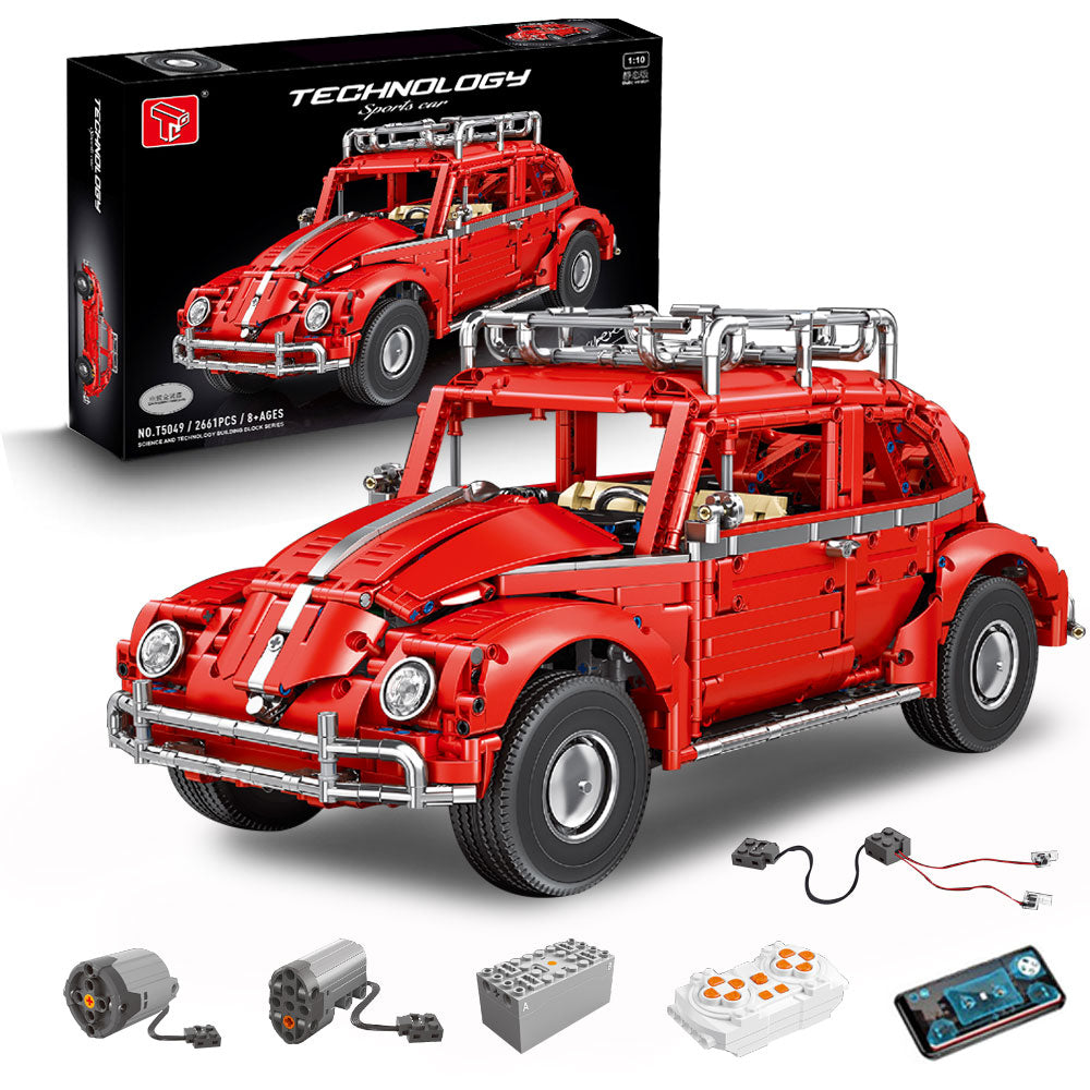 Technik Auto für Volkswagen Käfer, MOC VW-Käfer Retro Auto Technik Auto Bausatz mit M0T0R, 1:10 KIemmbausteine für Kinder und Erwachsene