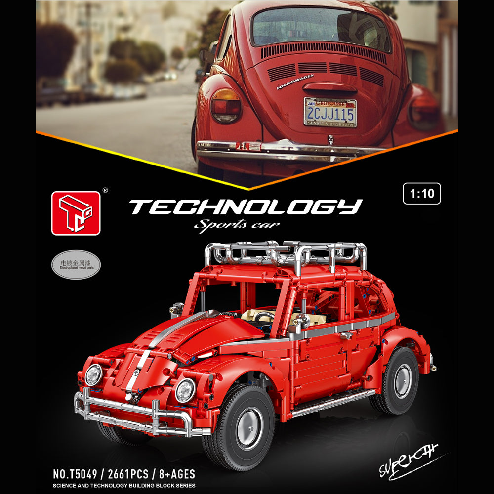 Technik Auto für Volkswagen Käfer, MOC VW-Käfer Retro Auto Technik Auto Bausatz mit M0T0R, 1:10 KIemmbausteine für Kinder und Erwachsene