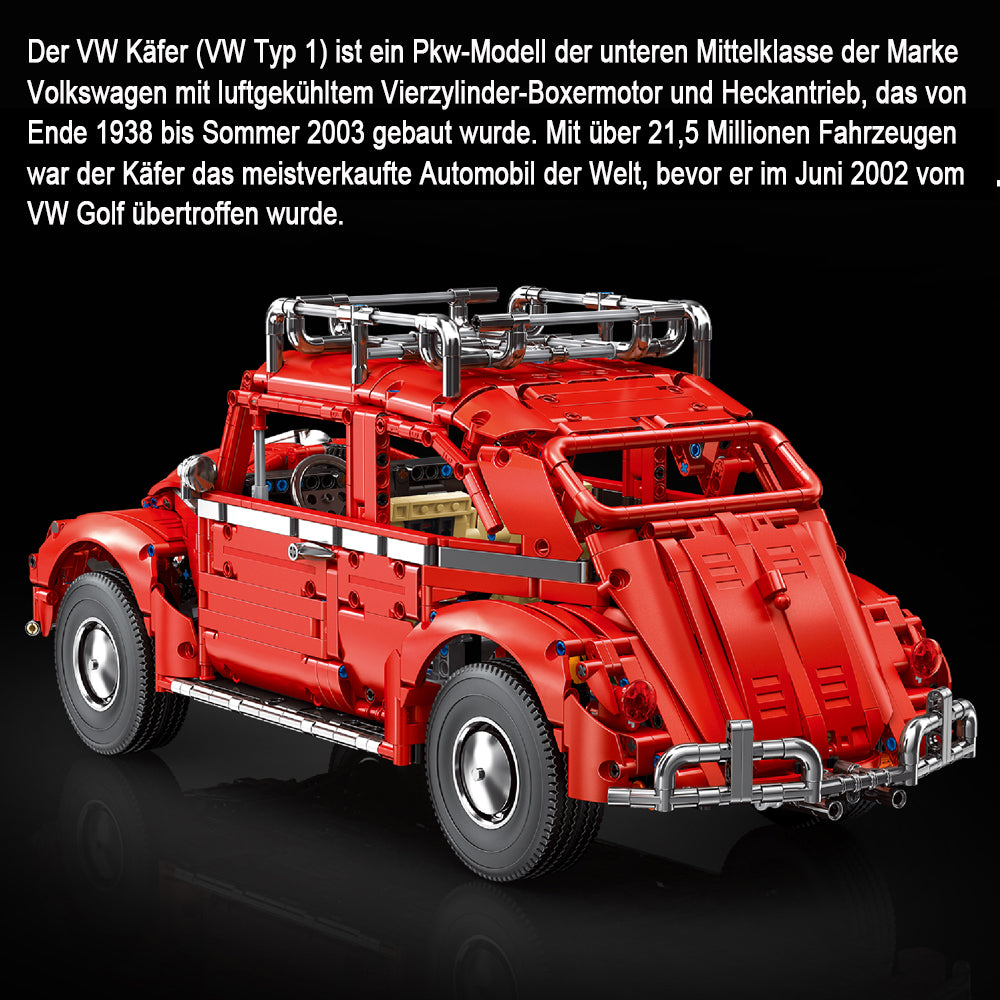 Technik Auto für Volkswagen Käfer, MOC VW-Käfer Retro Auto Technik Auto Bausatz mit M0T0R, 1:10 KIemmbausteine für Kinder und Erwachsene