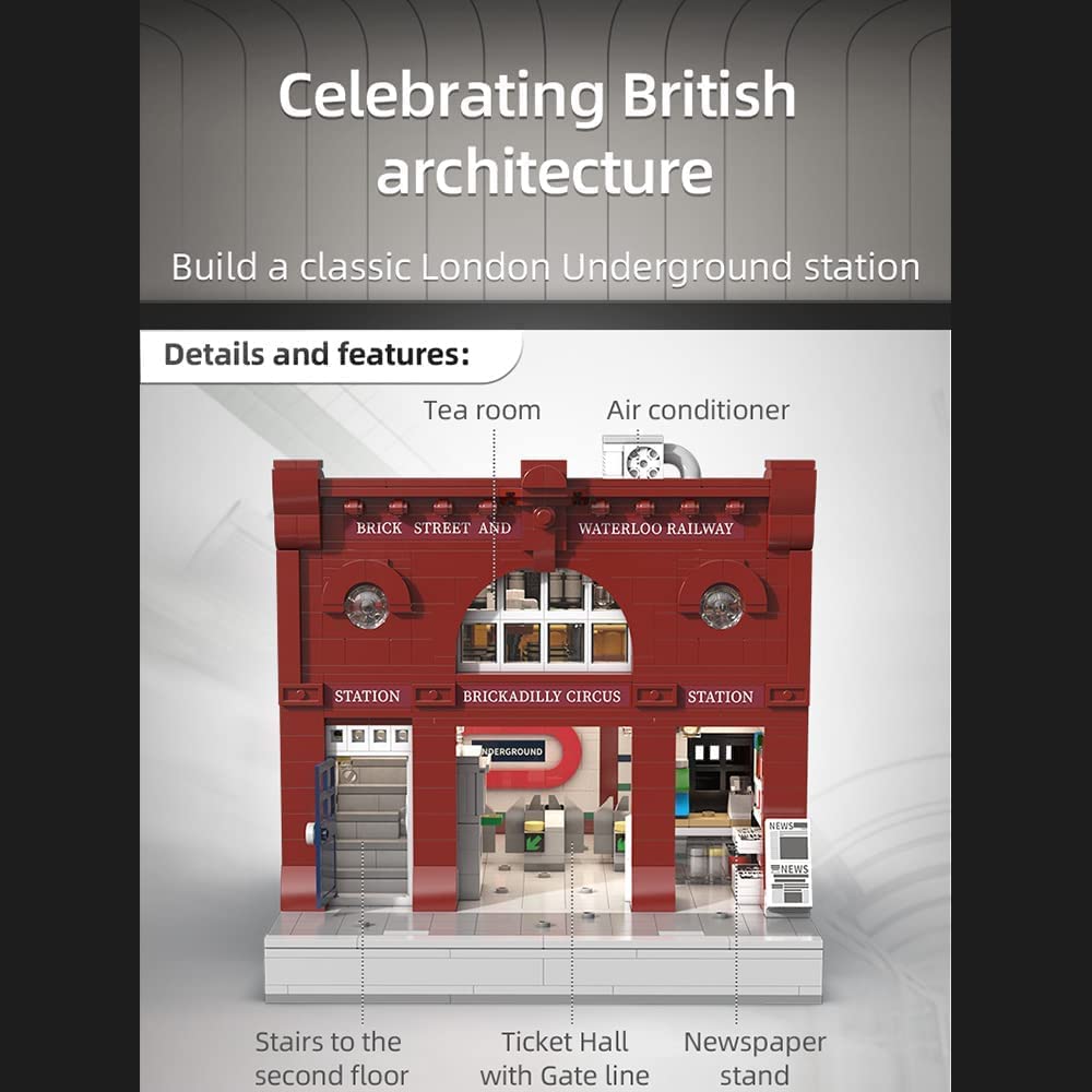 Modular Londoner U-Bahnstation mit Retro Sportwagen, 3200+ Teile Technik Auto Technik U-Bahnstation mit LEDs Modell Bausatz Kompatibel mit Lego Modular